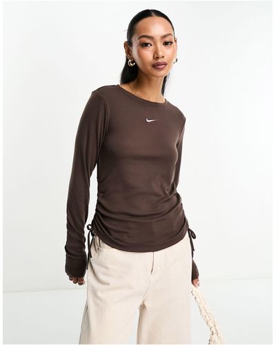 Nike Mini Swoosh Rib Drawstring Long Sleeve T-shirt - Natural