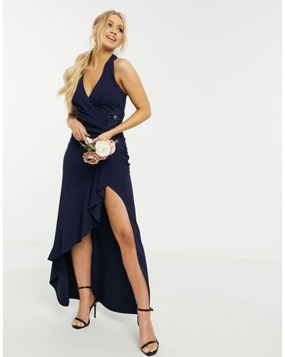 Lipsy Bridesmaid Halterneck Maxi Dress With Wrap Front - Blue