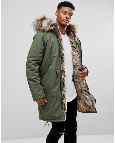 River Island Parka Jacket With Faux Fur Lining In Khaki - Green