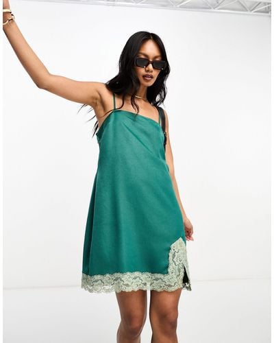Lola May Square Neck Satin Cami Strap Mini Dress With Lace Contrast - Green