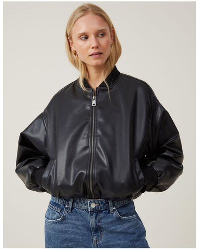 Cotton On Aries Faux Leather Bomber Jacket - Black