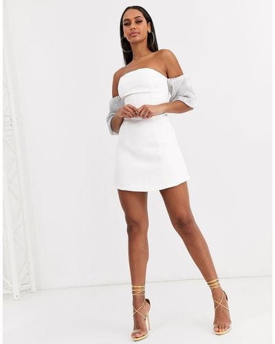 Club L London Bandeau Dress With Sequin Balloon Sleeve Detail - White