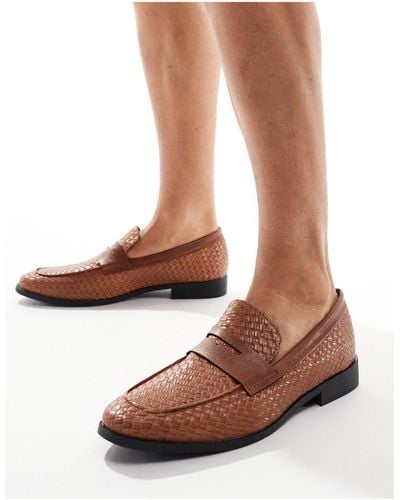 London Rebel Wide Fit Wide Fit Faux Leather Woven Loafers - Brown