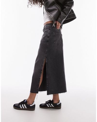 TOPSHOP Denim Midi Skirt With Side Split - Black