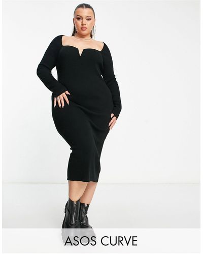 ASOS Asos Design Curve Knit Midi Dress With Plunge Neckline - Black