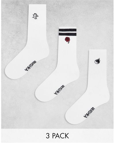 Bershka Confezione da 3 paia di calzini ricamati bianchi - Bianco