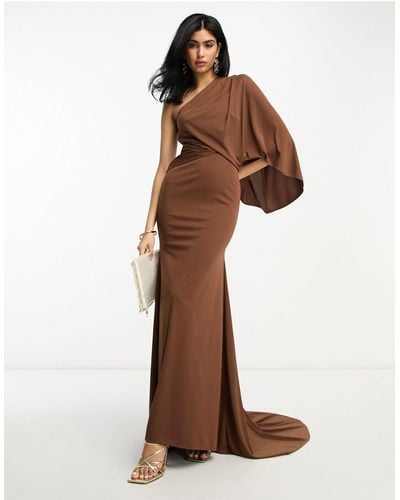 ASOS One Shoulder Premium Draped Maxi Dress With Train Detail - Brown
