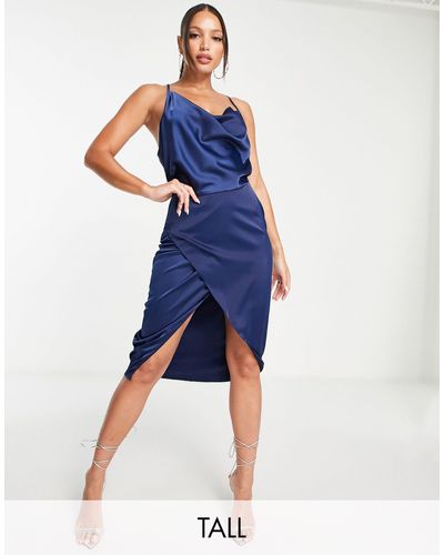 Missguided Satijnen Midi-jurk Met Gedrapeerde Halslijn - Blauw