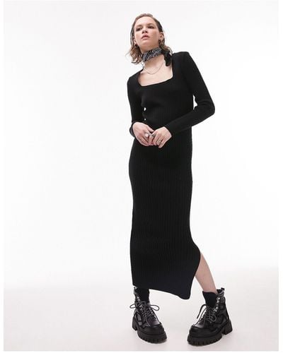 TOPSHOP Knitted Square Neck Multi Rib Dress - Black