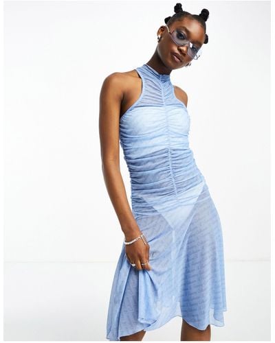 Collusion X Tammy Mesh Pleated Printed Midi Dress - Blue