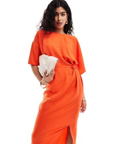 ASOS Angel Sleeve Drape Waist Tab Detail Midi Dress - Orange