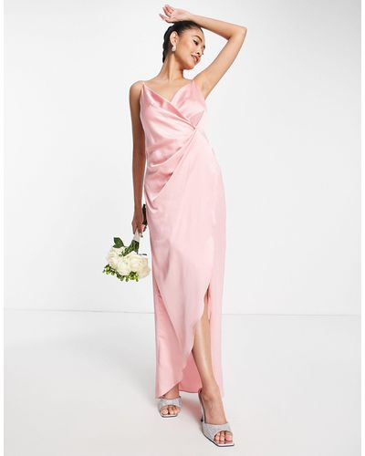 Liquorish Bridesmaid Cami Strap Satin Wrap Maxi Dress - Pink