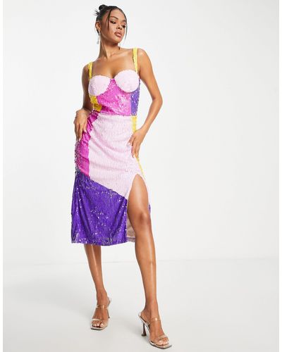 LACE & BEADS Exclusivité - robe mi-longue color block à ornements - Multicolore
