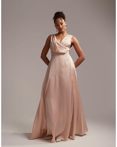 ASOS Bridesmaid Satin Maxi Dress With Wrap Bodice - Pink