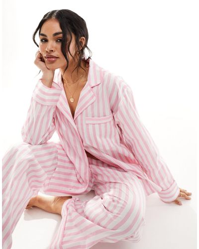 ASOS Woven Stripe Long Sleeve Shirt & Trouser Pyjama Set - Pink