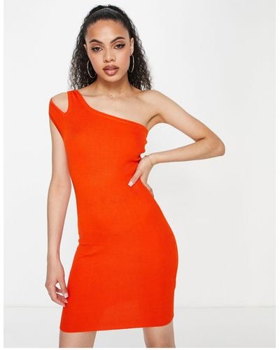 Threadbare Knitted One Shoulder Mini Dress - Orange