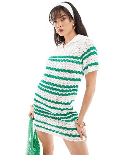 Miss Selfridge Crochet Contrast Polo Button Through Dress - Green