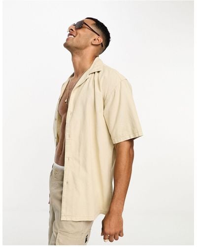 Pull&Bear Linen Revere Collar Shirt - Natural