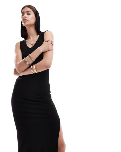 ONLY Side Split Ribbed Maxi Dress With Hood - Black