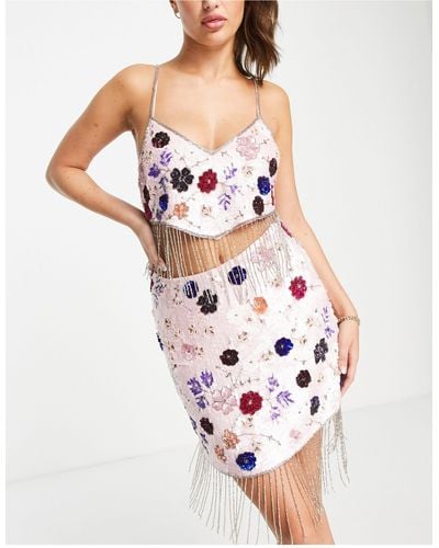 Miss Selfridge Premium Embellished Floral Mini Skirt With Fringe Detail - Pink