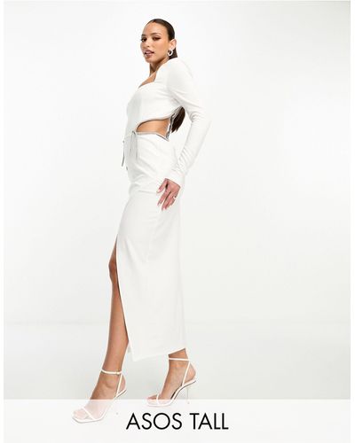 ASOS Asos Design Tall Long Sleeve Cut Out Midi Dress With Diamante Trims - White