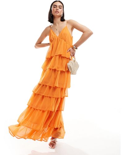 Vila Tiered Frill Maxi Cami Dress - Orange