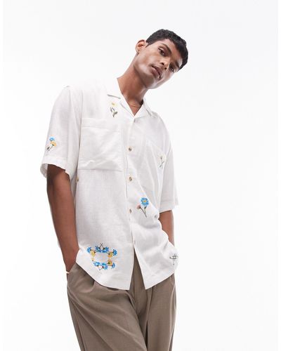 TOPMAN Short Sleeve Relaxed Embroidered Floral Shirt - White