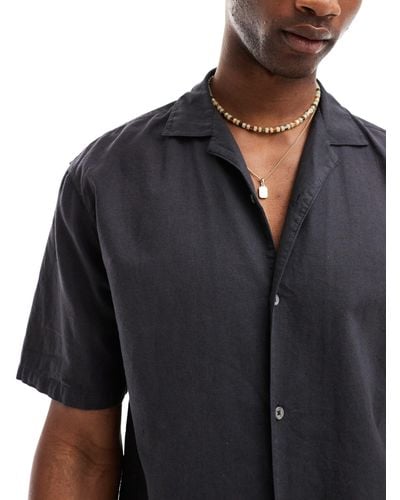 Pull&Bear Linen Look Revere Neck Shirt - Black