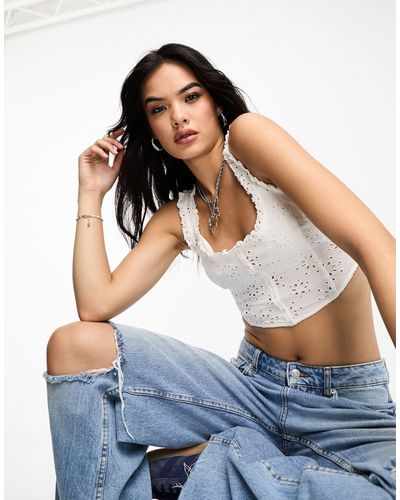 Bershka denim strappy bra top with rhinestone detail