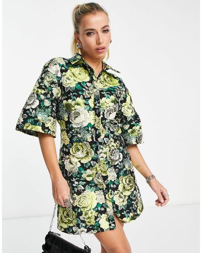 ASOS Metallic Jacquard Kimono Sleeve Shirt Mini Dress - Green
