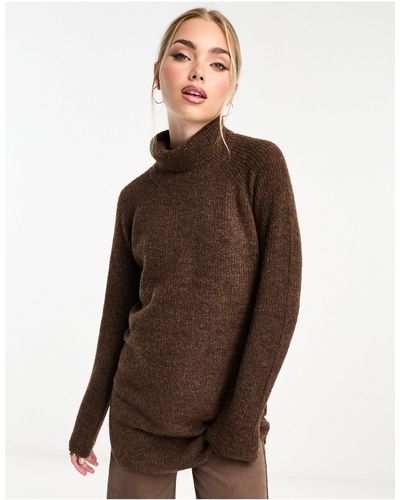 Pieces Ribbed Longline Roll Neck Jumper - Brown