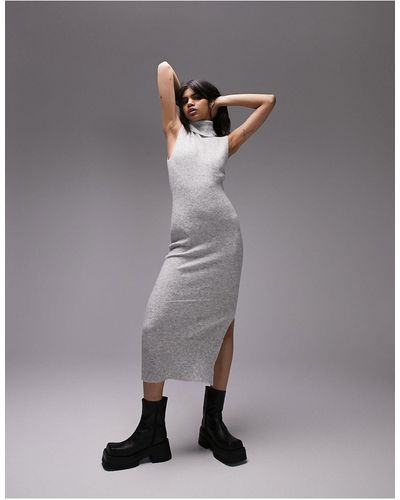 TOPSHOP Knitted Sleeveless Funnel Split Side Maxi Dress - White