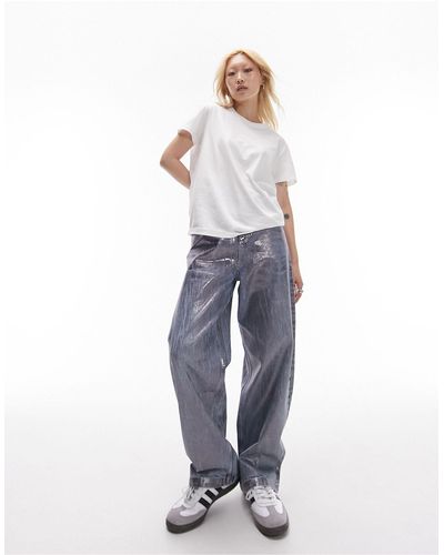 Topshop Unique Jean baggy métallisé - gris foncé - Blanc