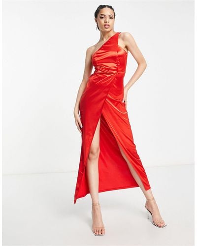 Femme Luxe One Shoulder Front Split Satin Maxi Dress - Red