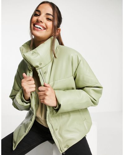 Stradivarius Faux Leather Padded Puffer Jacket - Green