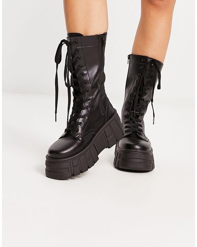 ASOS Courtney Chunky Lace Up Knee High Boots in Black | Lyst