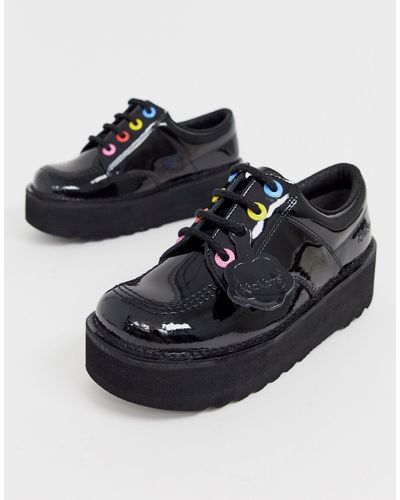 Kickers Kick Lo Stack Leather Patent Flat Shoes With Multi Color Eyelets - Black