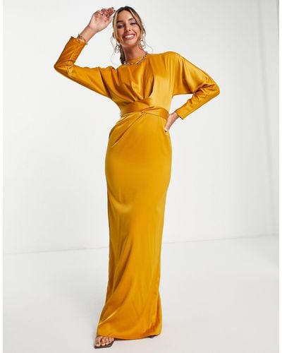 ASOS Maxi Dress With Batwing Sleeve And Wrap Waist In Satin - Yellow