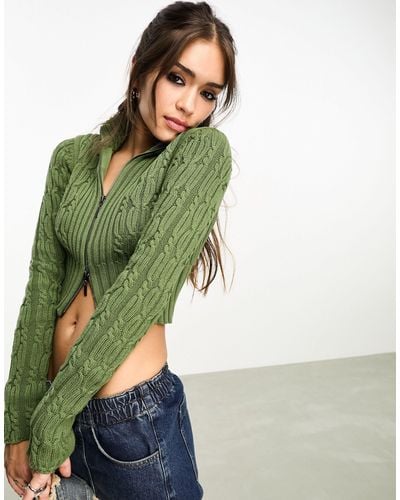 Reclaimed (vintage) Zip Up Cropped Cable Cardi - Green