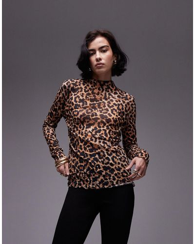TOPSHOP Leopard Crinkle Long Sleeve Top - Gray