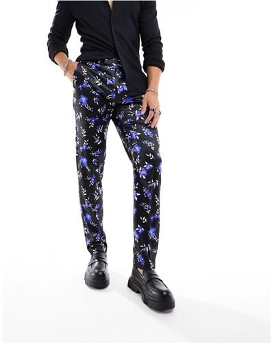 ASOS Smart Slim Fit Satin Trousers With Floral Print - Blue