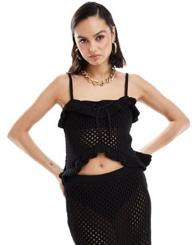 ASOS Knitted Crochet Cami Top With Frill And Tie Detail - Black