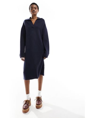 Monki Knitted Polo Collar Midi Long Sleeve Dress - Blue