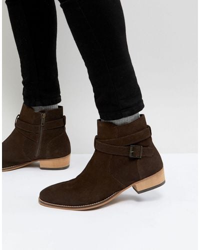 ASOS Cuban Heel Western Chelsea Boot In Brown Suede With Strapping Detail