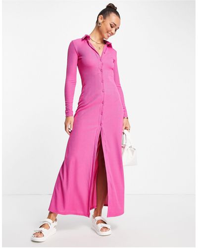ASOS Ribbed Long Sleeve Maxi Shirt Dress - Pink