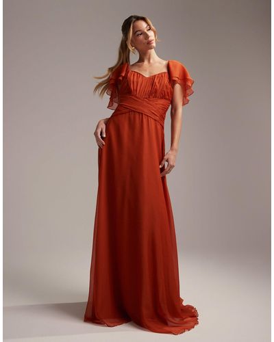 ASOS Bridesmaid Short Sleeve Ruched Maxi Dress - Orange