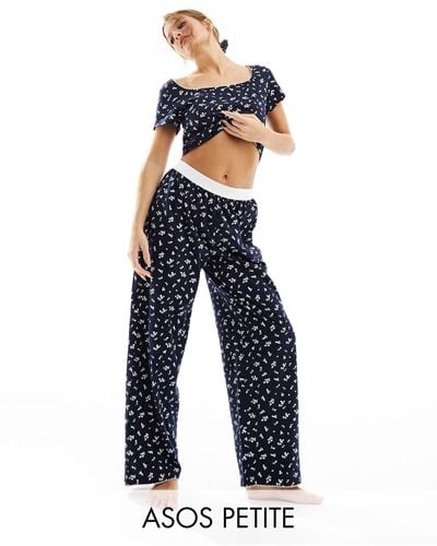 ASOS Petite Mix & Match Ditsy Print Pajama Trouser With Exposed Waistband And Picot Trim - Blue