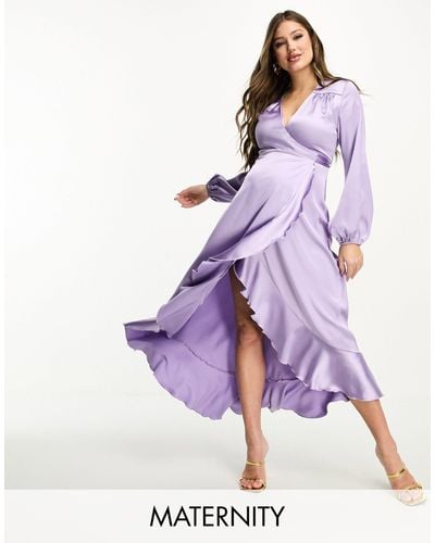 Flounce London Long Sleeve Satin Wrap Maxi Dress - Purple