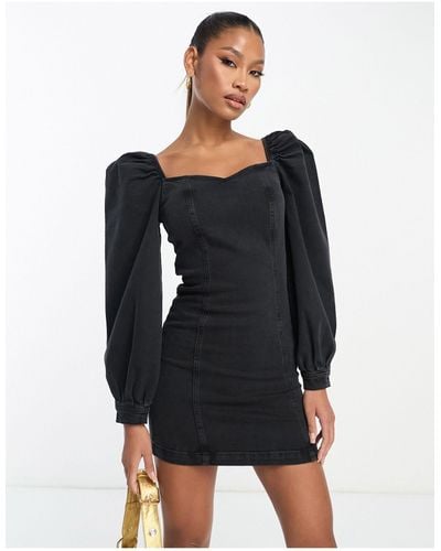 ASOS Denim Mini Dress With Puff Sleeve - Black