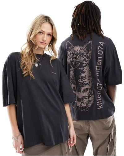 Collusion Unisex - t-shirt coupe skateur avec imprimé chat - anthracite - Noir